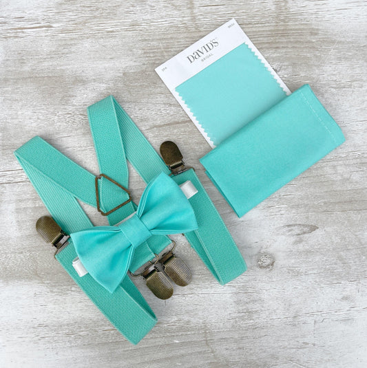 Spa Bow tie & Suspenders, Mint Turquoise Braces, Pocket Square, Ring Bearer Outfit, Rustic Boho Wedding, Groomsman Gift
