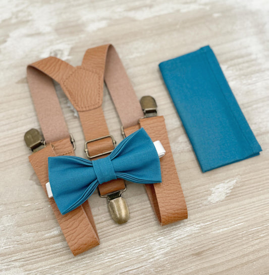 Teal Blue Bow tie & Suspenders, Leather Light Brown Braces, Pocket Square, Ring Bearer Outfit, Boho Rustic Wedding