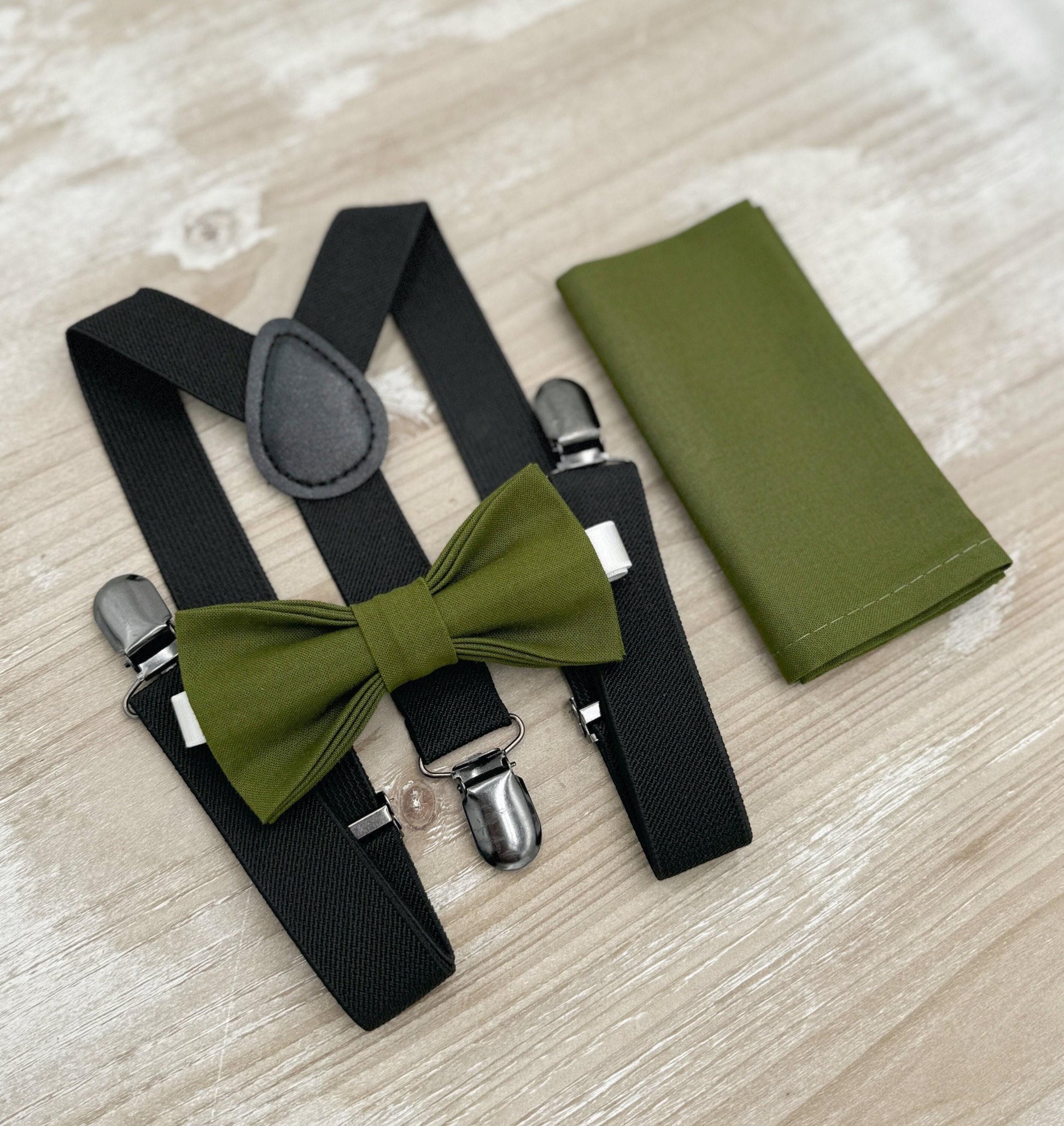 Olive Bow tie & Suspenders | Black Braces | Pocket Square | Ring Bearer Outfit | Boho Rustic Wedding