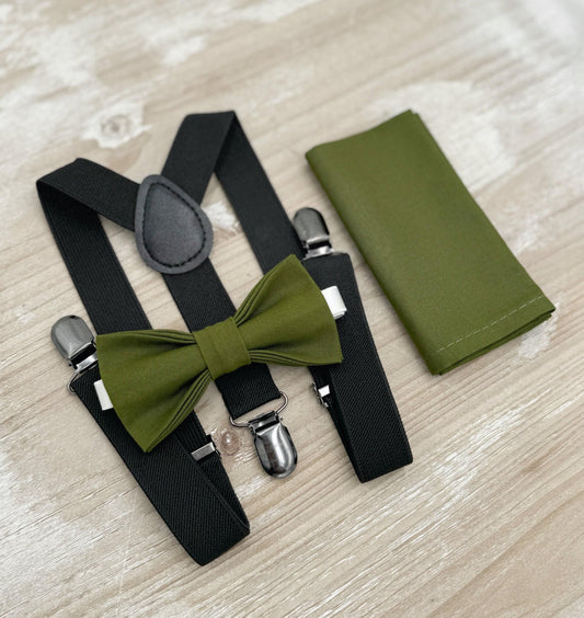 Olive Bow tie & Suspenders | Black Braces | Pocket Square | Ring Bearer Outfit | Boho Rustic Wedding