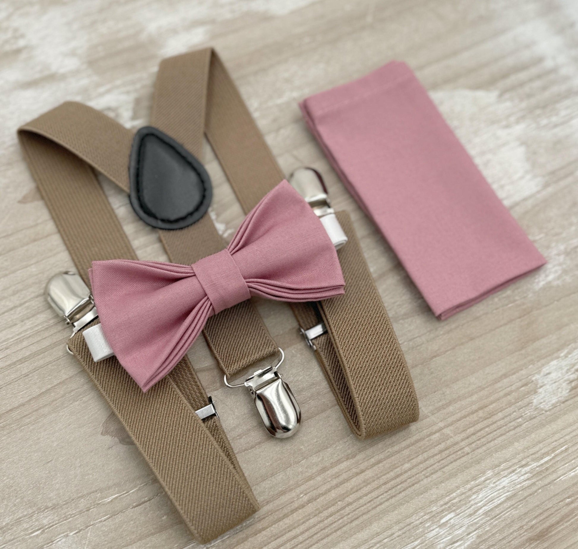 Dusty Rose Bow tie & Suspenders | Taupe Braces | Pocket Square | Ring Bearer Outfit | Rustic Boho Wedding | Groomsman Gift