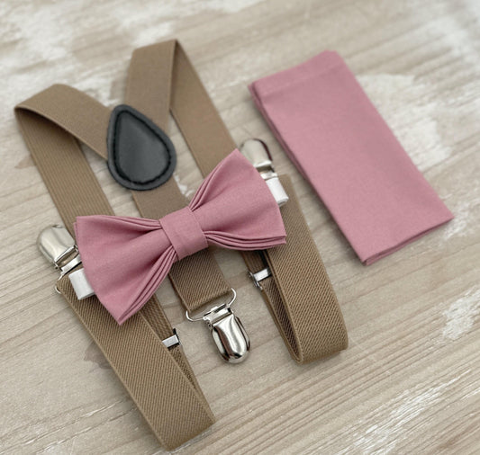 Dusty Rose Bow tie & Suspenders | Taupe Braces | Pocket Square | Ring Bearer Outfit | Rustic Boho Wedding | Groomsman Gift
