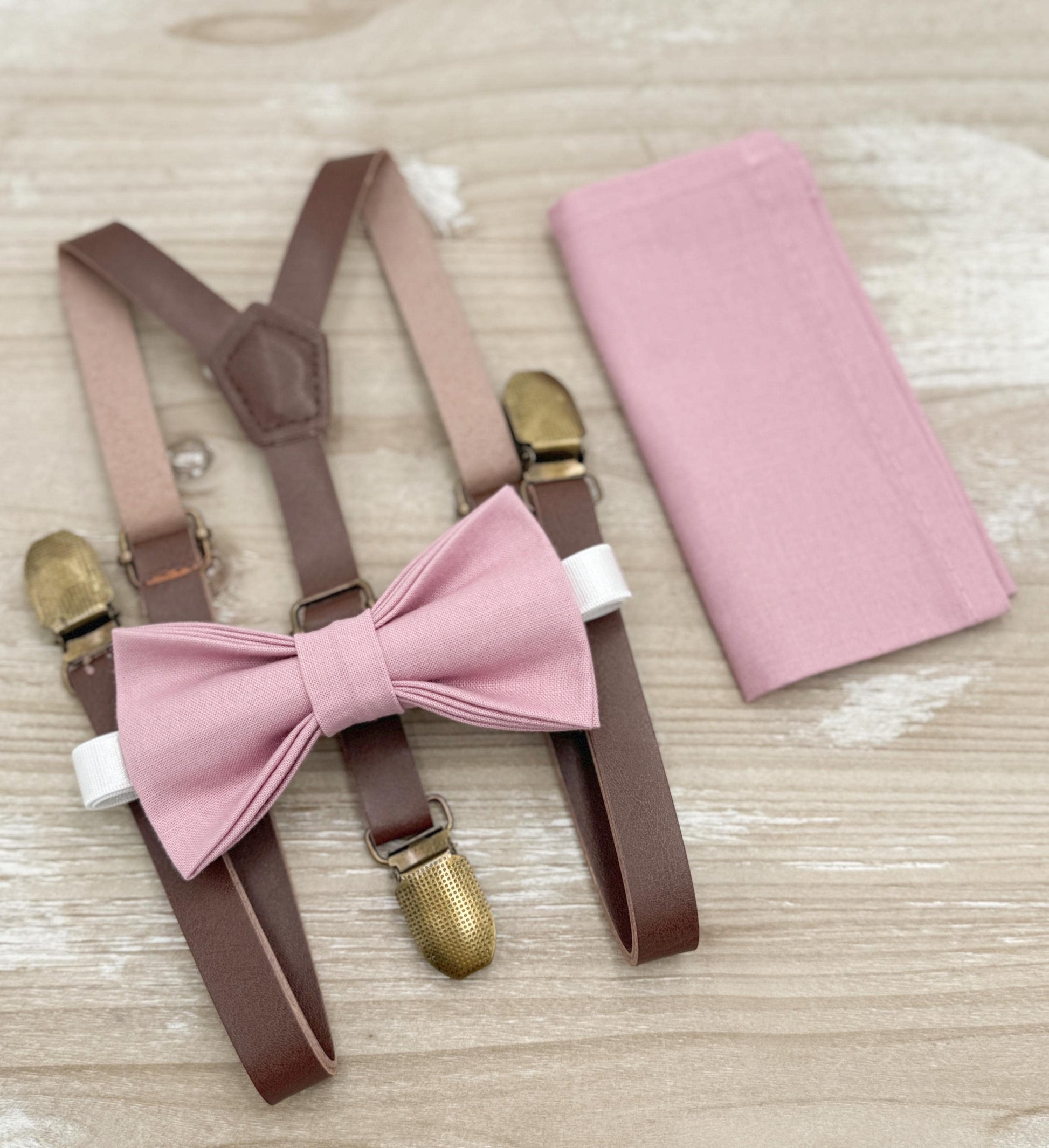 Vintage Mauve Bow Tie & Suspenders – All Sizes for Men and Boys, Skinny Leather Braces, Pocket Square, Ring Bearer, Boho Rustic Wedding