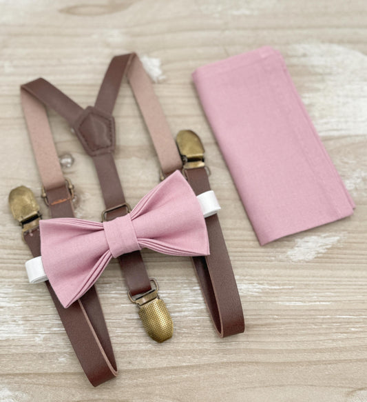 Vintage Mauve Bow Tie & Suspenders – All Sizes for Men and Boys, Skinny Leather Braces, Pocket Square, Ring Bearer, Boho Rustic Wedding