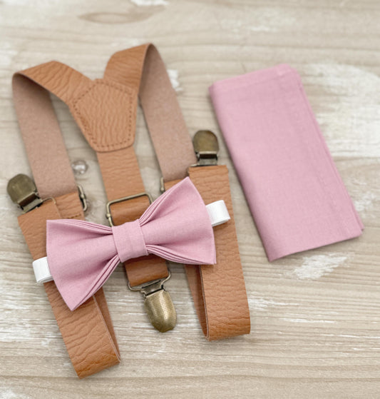 Vintage Mauve Bow tie & Suspenders | Leather Light Brown Braces | Quartz Bow | Pocket Square | Ring Bearer Outfit | Boho Rustic Wedding