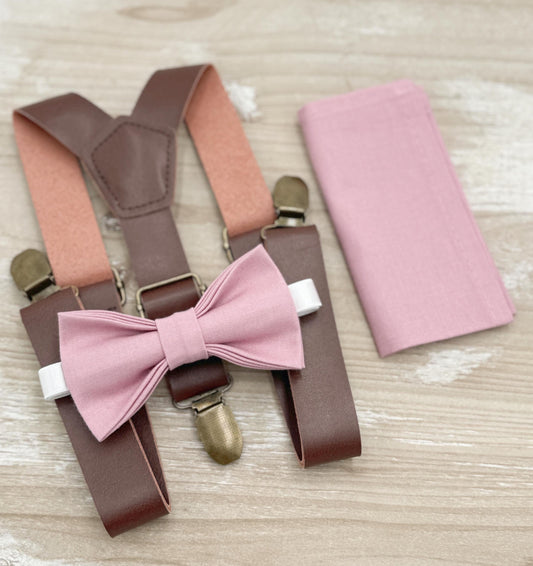 Vintage Mauve Bow tie & Suspenders | Leather Braces | Quartz Bow | Pocket Square | Ring Bearer Outfit | Boho Rustic Wedding