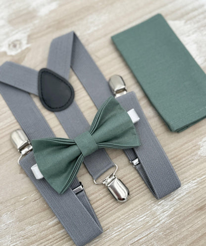 Eucalyptus Bow Tie & Suspenders – All Sizes for Men and Boys, Gray Suspenders, Pocket Square, Ring Bearer Gift, Rustic Wedding
