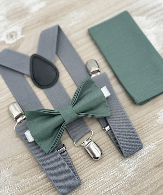 Eucalyptus Bow Tie & Suspenders – All Sizes for Men and Boys, Gray Suspenders, Pocket Square, Ring Bearer Gift, Rustic Wedding