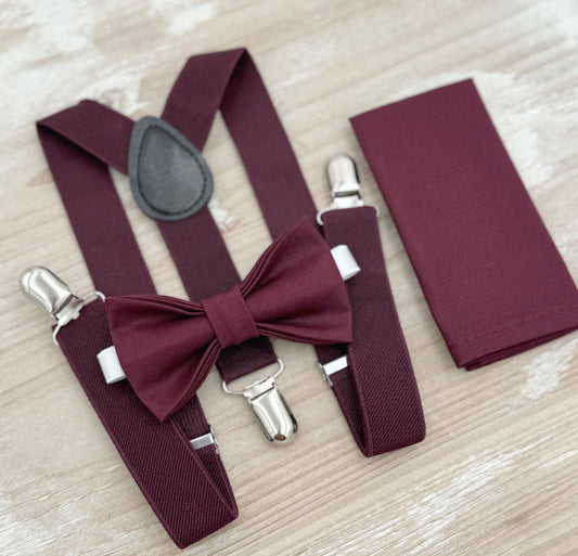Sangria Bow Tie & Suspenders, Wine Braces, Groomsman Gift, Ring Bearer Outfit, Rustic Boho Wedding, All Sizes Men and Boys