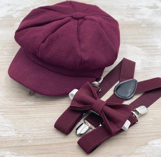 Newsboy Cap - Newborn to 10Y, Suspenders & Bow Tie, Gatsby Ivy Hat, Ring Bearer Outfit, Retro Page Boy Hat, Cake Smash, Fall Wedding Set
