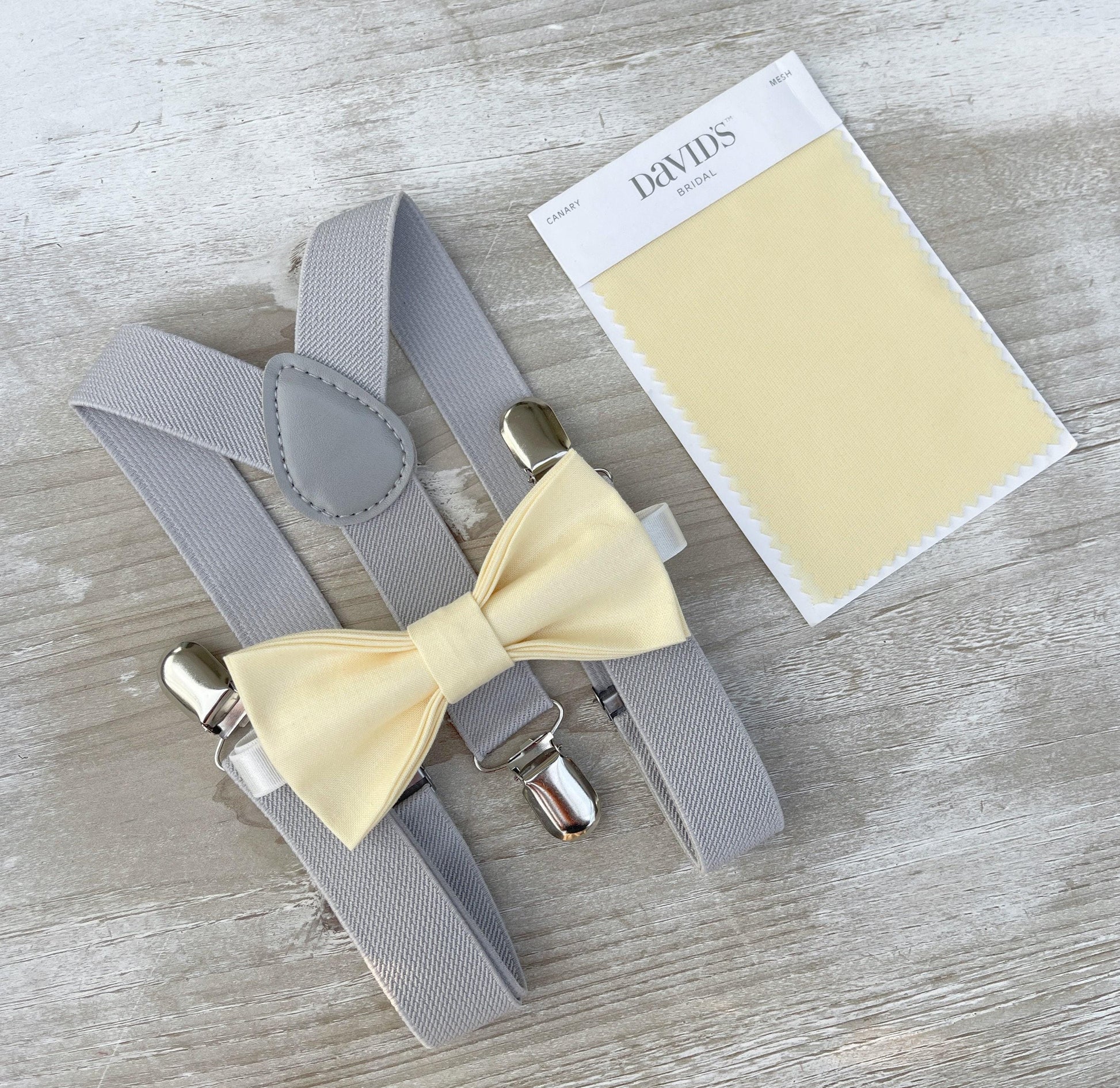Yellow Bow Tie & Light Gray Suspenders – All Sizes Baby to Adult, Buttercup Bow, Ring Bearer Groomsman Gift, Pocket Square, Canary Wedding