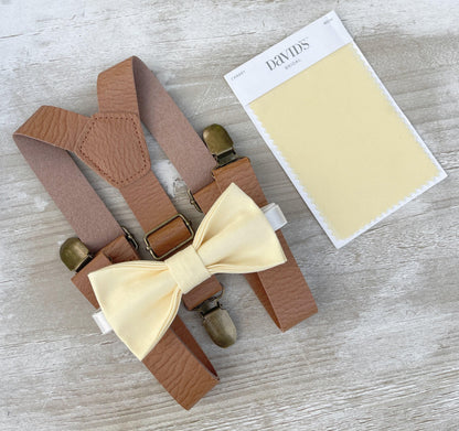 Buttercup Bow Tie & Suspenders – All Sizes for Boys and Men, Leather Braces, Yellow Bow, Pocket Square, Ring Bearer, Rustic Wedding Set