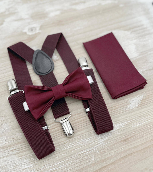 Cabernet Bow tie & Suspenders | Wine Bowtie | Pocket Square | Ring Bearer Outfit | Boho Rustic Wedding