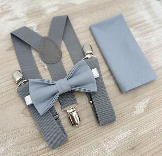 Dusty Blue Bow tie & Suspenders | Gray Braces | Pocket Square | Ring Bearer Outfit | Boho Rustic Wedding
