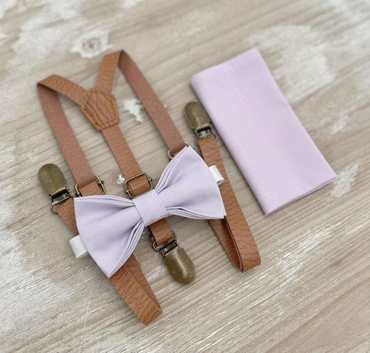Iris Bow tie & Suspenders | Skinny Leather Light Brown Braces | Pocket Square | Ring Bearer Outfit | Boho Rustic Wedding