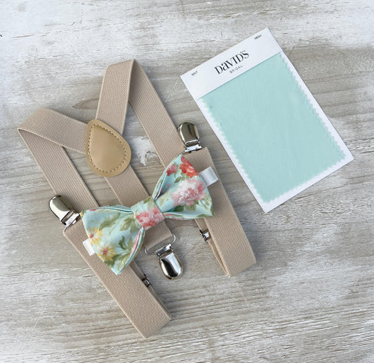 Floral Bow tie & Suspenders, Champagne Tan Braces, Ring Bearer Outfit, Rustic Boho Wedding, Groomsman Gift