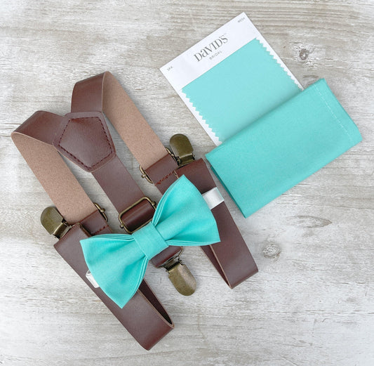 Spa Bow tie & Suspenders, Vegan Leather Braces, Pocket Square, Ring Bearer Outfit, Rustic Boho Wedding, Groomsman Gift