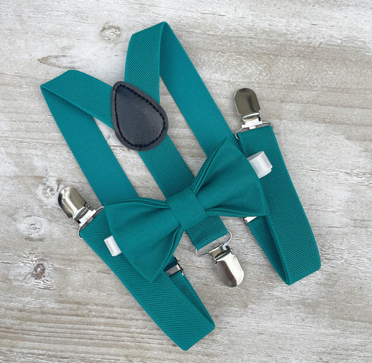 Teal Bow Tie & Teal Suspenders , Men's Braces , Boy's Ring Bearer gift , Groomsmen Wedding outfit , Cake Smash outfit