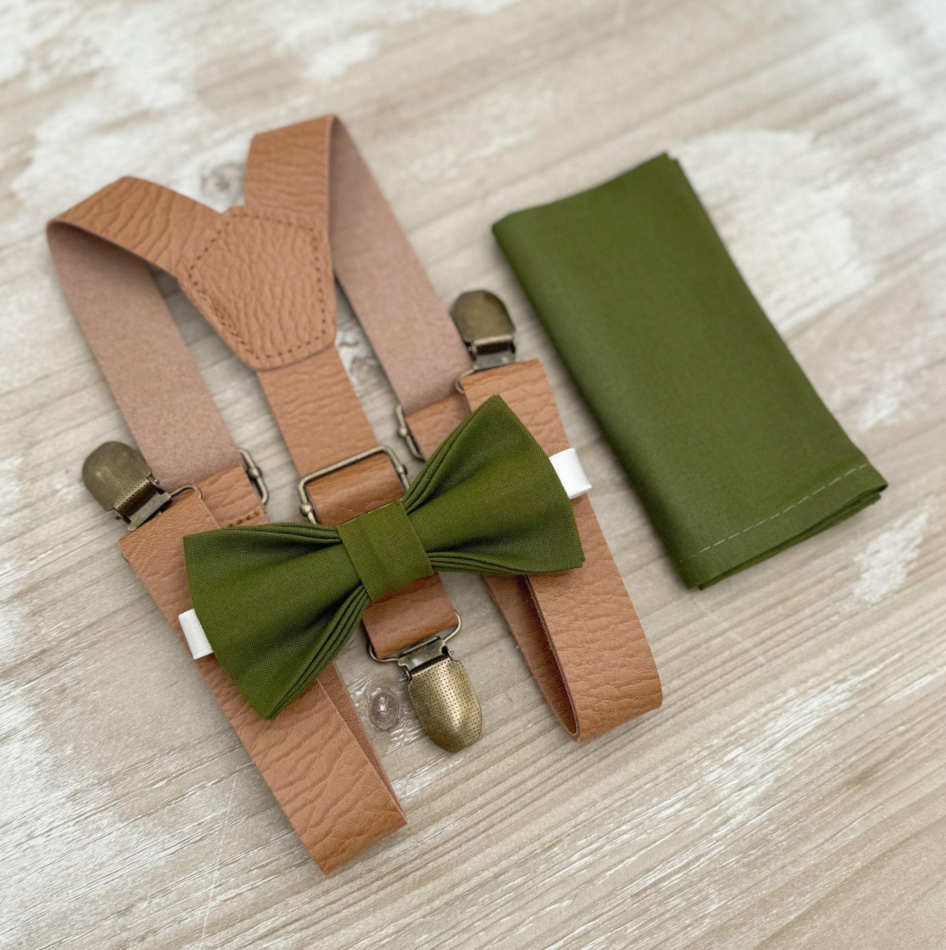 Olive Bow tie & Suspenders | Leather Light Brown Braces | Pocket Square | Ring Bearer Outfit | Boho Rustic Wedding