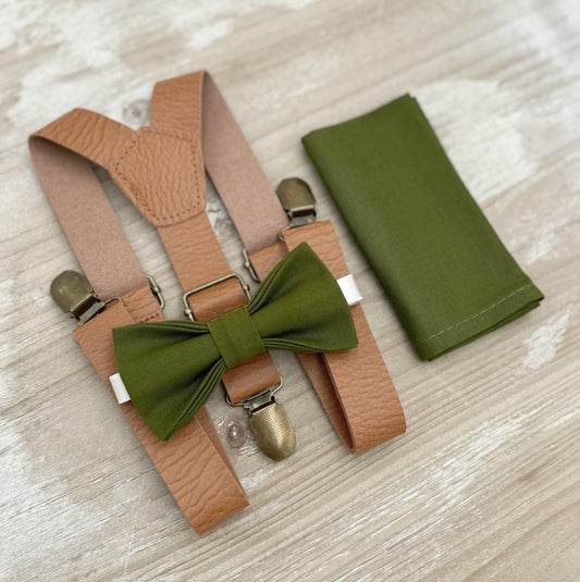 Olive Bow tie & Suspenders | Leather Light Brown Braces | Pocket Square | Ring Bearer Outfit | Boho Rustic Wedding