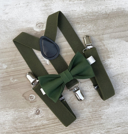 Forest Green Bow Tie & Olive Green Suspenders , Men's Dark green bow tie , Boy's Ring Bearer gift , Groomsmen Gift , Wedding Groom outfit