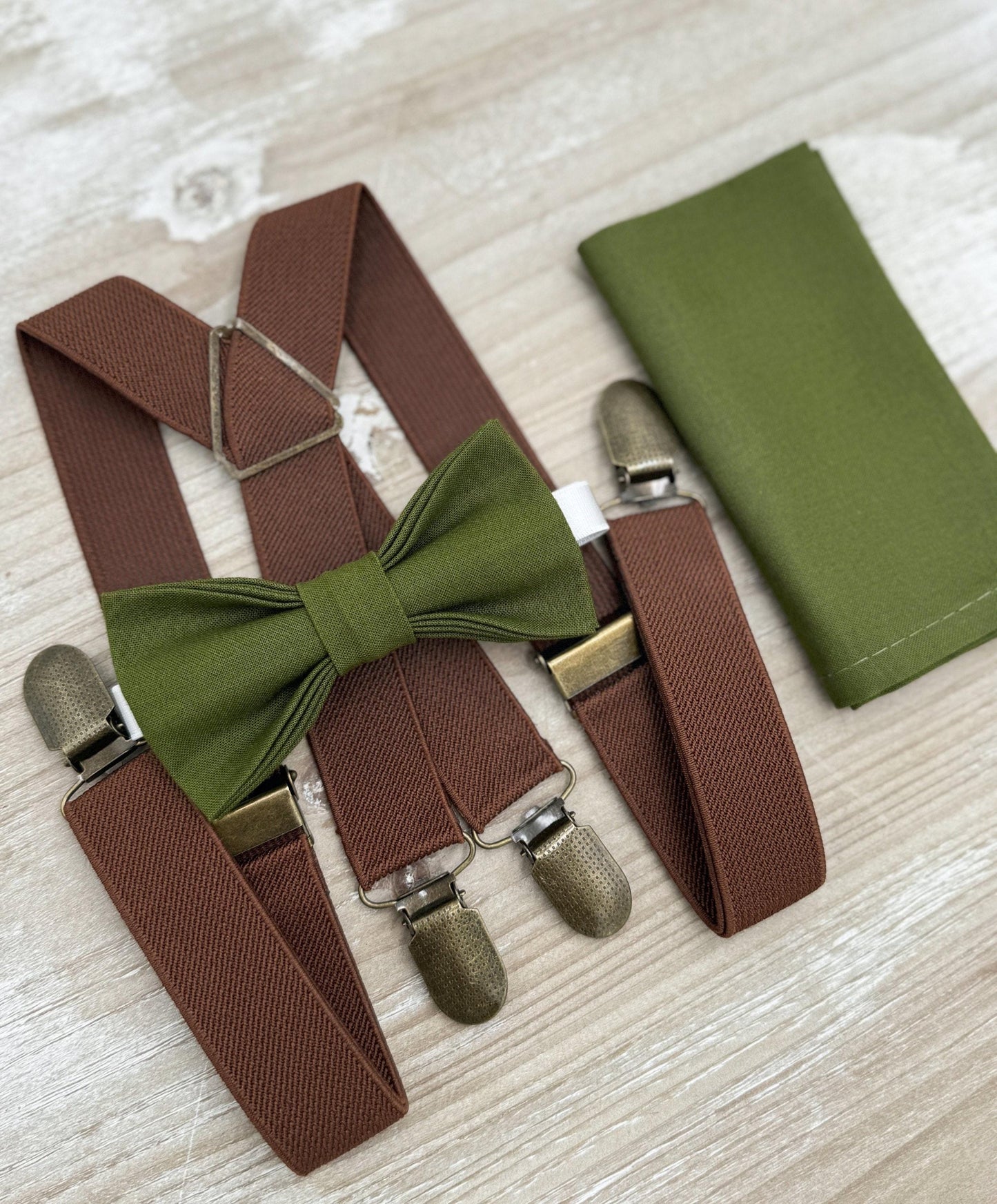 Olive Bow tie & Suspenders | Brown X - Back Braces | Pocket Square | Ring Bearer Outfit | Boho Rustic Wedding