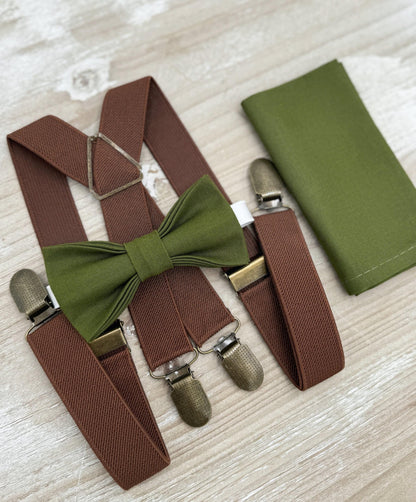 Olive Bow tie & Suspenders | Brown X - Back Braces | Pocket Square | Ring Bearer Outfit | Boho Rustic Wedding