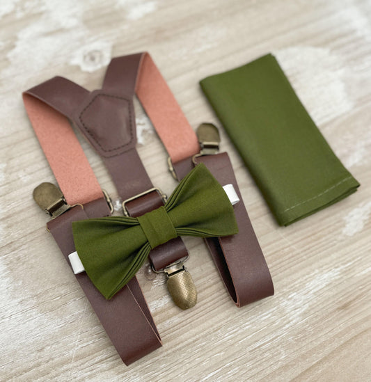Olive Bow tie & Suspenders | Leather Braces | Pocket Square | Ring Bearer Outfit | Boho Rustic Wedding