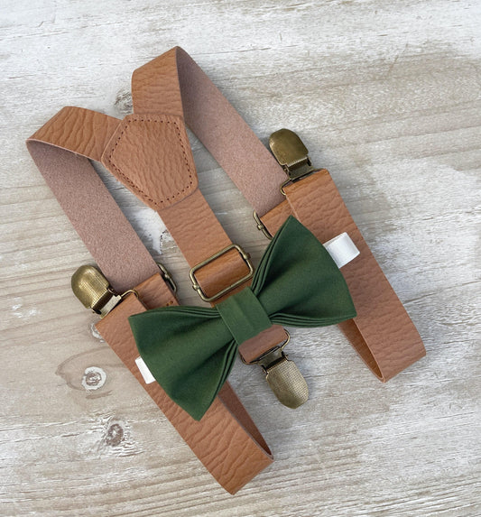 Forest Green Bow Tie & Light Brown Leather Suspenders , Men's bow tie , Boy's Ring Bearer gift , Groomsmen Gift , Wedding Groom outfit