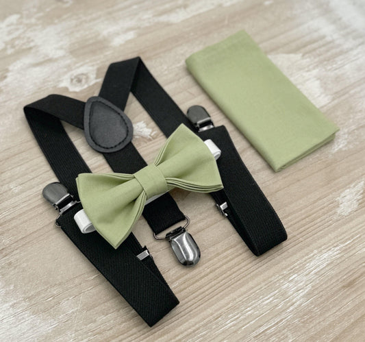 Pistachio Bow tie & Suspenders | Black Braces | Pocket Square | Ring Bearer Outfit | Boho Wedding Set