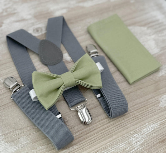 Pistachio Bow tie & Suspenders, Gray Braces, Pocket Square, Ring Bearer Outfit, Boho Rustic Wedding, Groomsman Gift