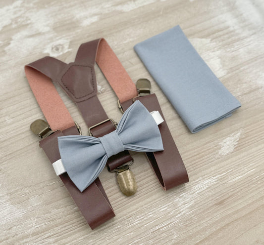 Dusty Blue Bow Tie & Suspenders – All Sizes for Boys and Men, Brown Vegan Leather Braces, Pocket Square, Ring Bearer, Boho Rustic Wedding