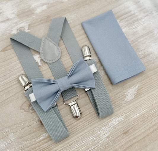Dusty Blue Bow tie & Suspenders | Dusty Gray Braces | Pocket Square | Ring Bearer Outfit | Boho Rustic Wedding