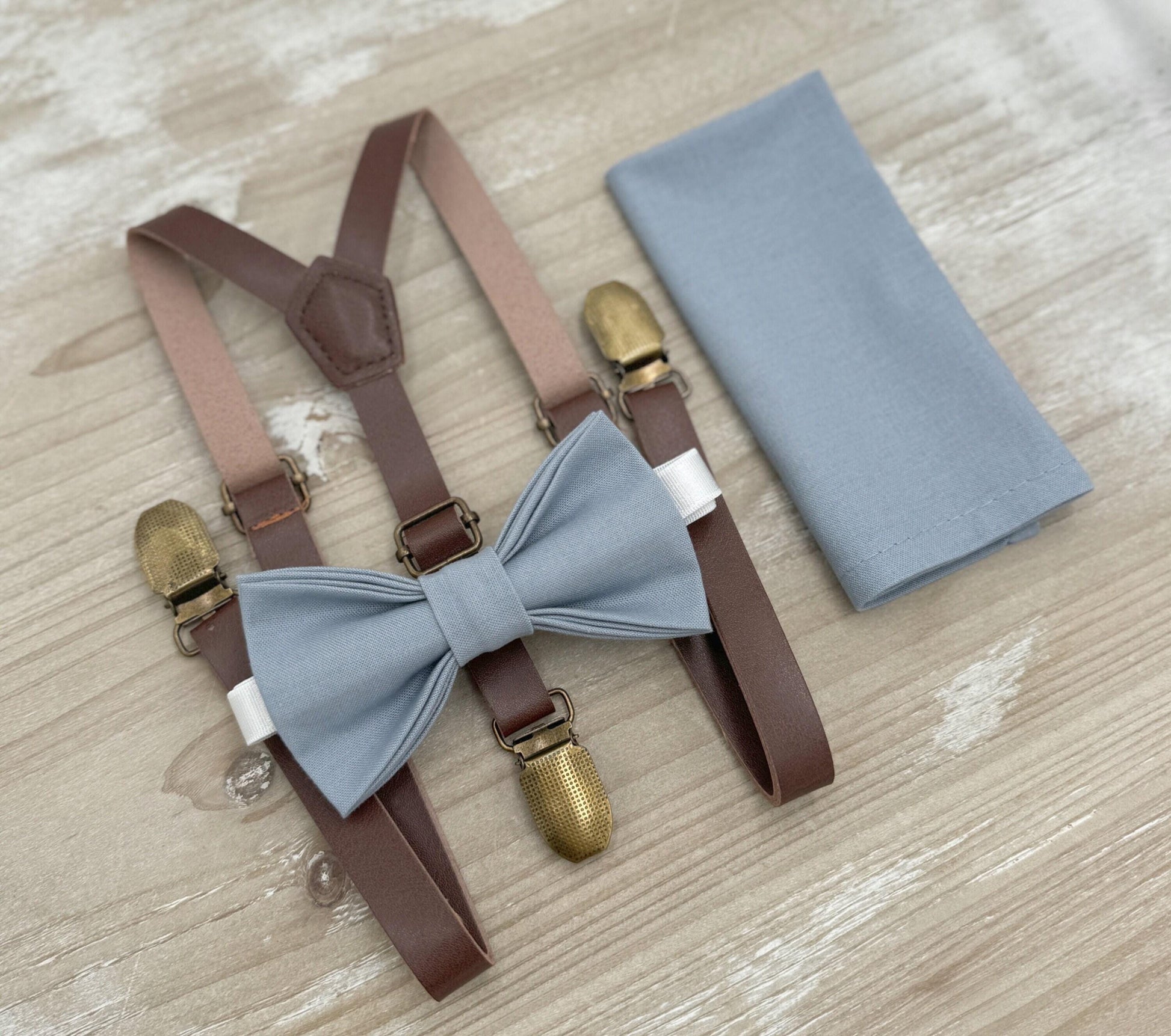 Dusty Blue Bow Tie & Suspenders – All Sizes for Boys and Men, Skinny Brown Leather Braces, Pocket Square, Ring Bearer, Boho Rustic Wedding