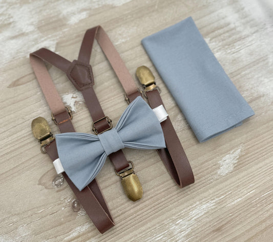 Dusty Blue Bow Tie & Suspenders – All Sizes for Boys and Men, Skinny Brown Leather Braces, Pocket Square, Ring Bearer, Boho Rustic Wedding