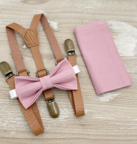 Vintage Mauve Bow tie & Suspenders | Skinny Leather Light Brown Braces | Quartz Bow | Pocket Square | Ring Bearer Outfit | Rustic Wedding