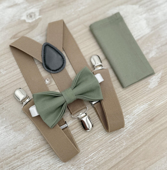 Moss Bow tie & Suspenders | Taupe Braces | Eucalypt Bowtie | Pocket Square | Ring Bearer Outfit | Boho Rustic Wedding