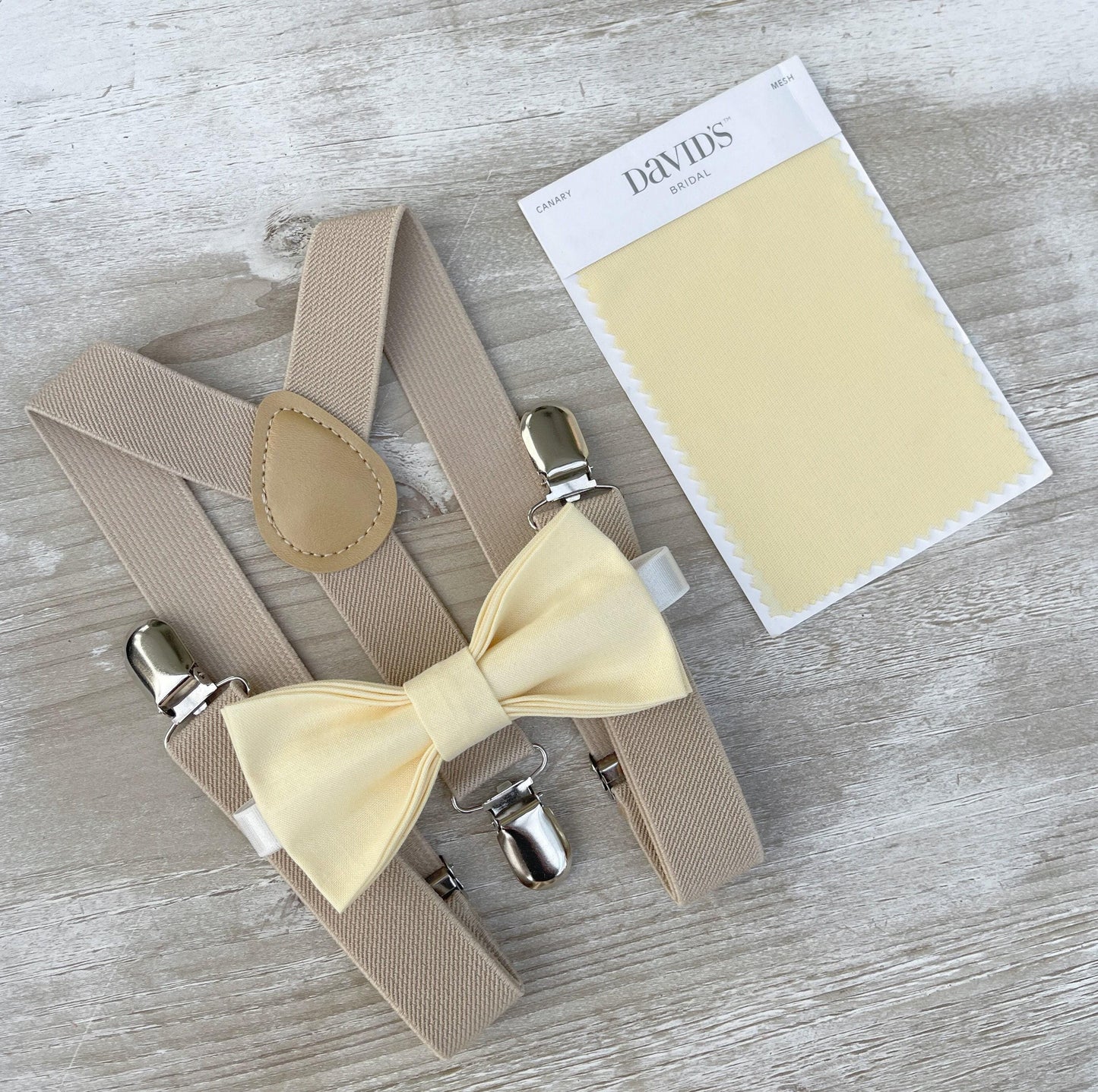 Yellow Bow Tie & Champagne Suspenders – All Sizes Baby to Adult, Buttercup Bow, Ring Bearer Groomsman Gift, Pocket Square, Canary Wedding