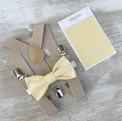 Yellow Bow Tie & Champagne Suspenders – All Sizes Baby to Adult, Buttercup Bow, Ring Bearer Groomsman Gift, Pocket Square, Canary Wedding