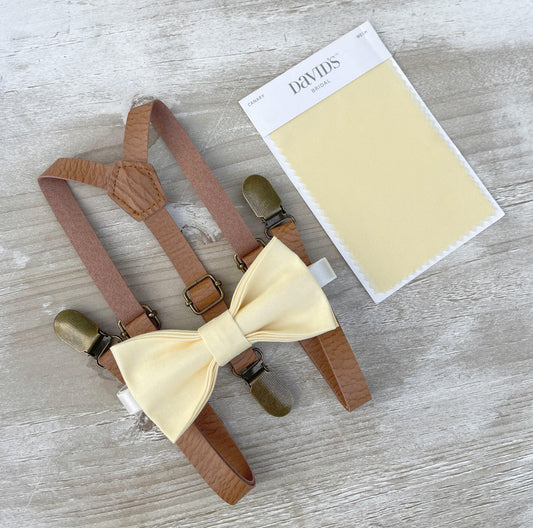 Buttercup Bow Tie & Suspenders – All Sizes for Boys and Men, Skinny Leather Braces, Canary Yellow Bow, Pocket Square, Groomsman Wedding Set