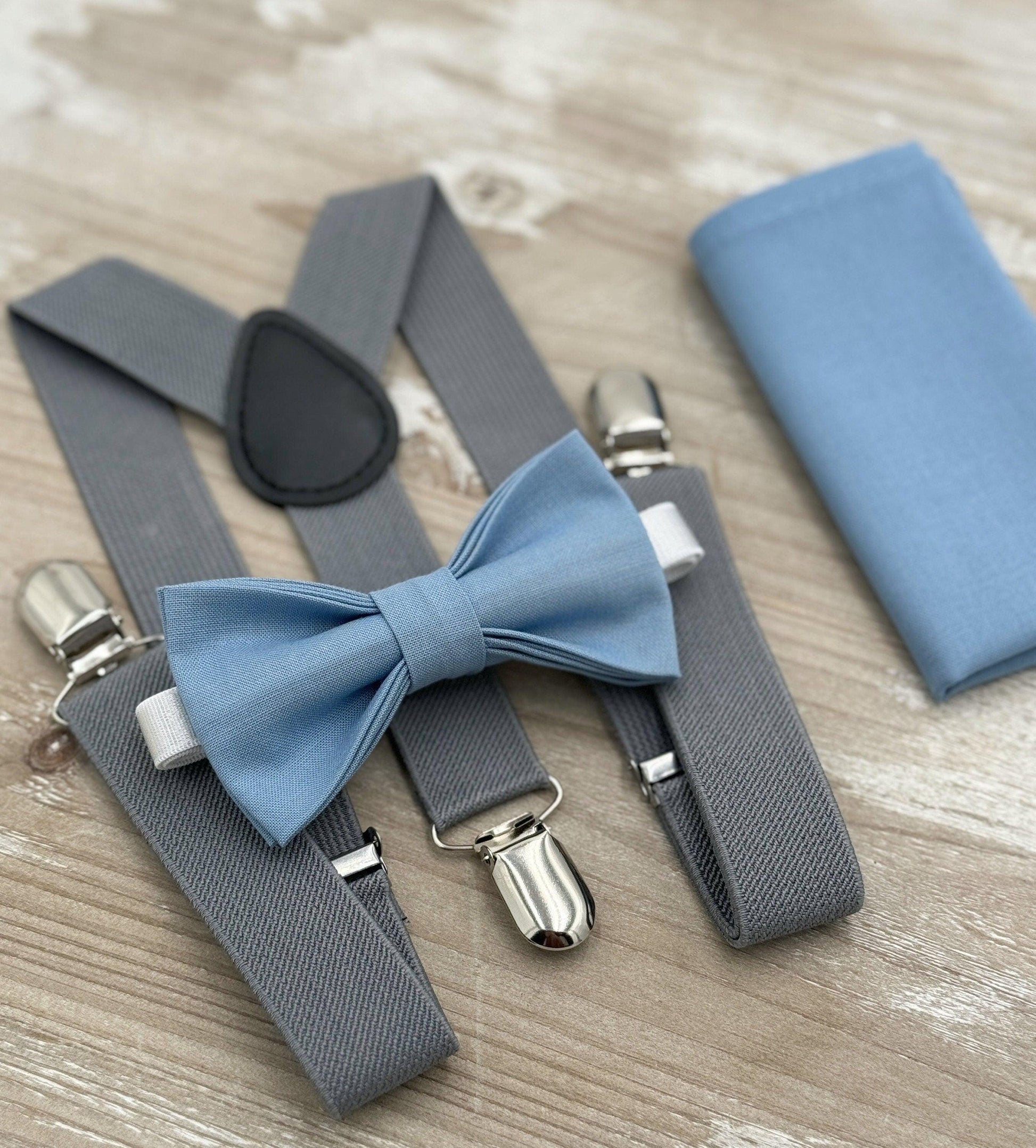 Steel Bow tie & Gray Suspenders | Pocket Square | Ring Bearer Outfit | Boho Wedding | Rustic Wedding Outfit | Groomsman Gift