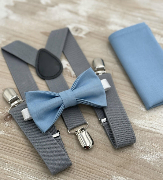 Steel Bow tie & Gray Suspenders | Pocket Square | Ring Bearer Outfit | Boho Wedding | Rustic Wedding Outfit | Groomsman Gift