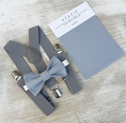 Dusty Blue Bow tie & Suspenders | Gray Braces | Pocket Square | Ring Bearer Outfit | Boho Rustic Wedding