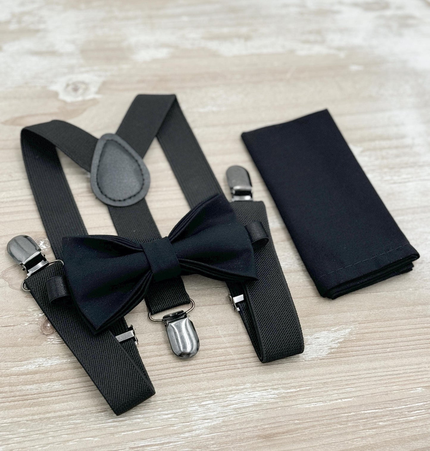 Black Bow tie & Suspenders | Groomsman Bowtie | Page Boy outfit | Pocket Square | Ring Bearer Outfit | Boho Rustic Wedding