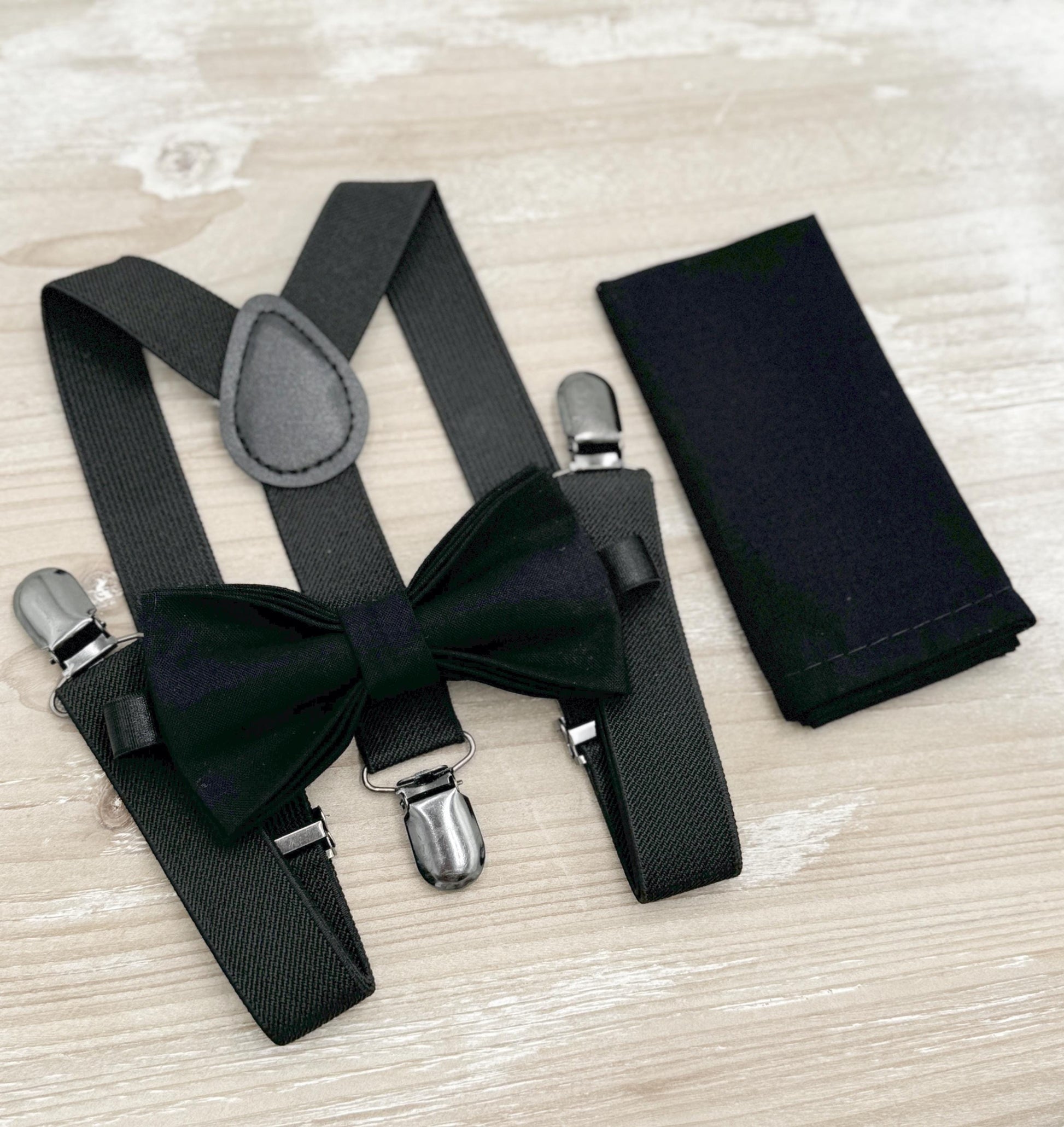 Black Bow tie & Suspenders | Groomsman Bowtie | Page Boy outfit | Pocket Square | Ring Bearer Outfit | Boho Rustic Wedding