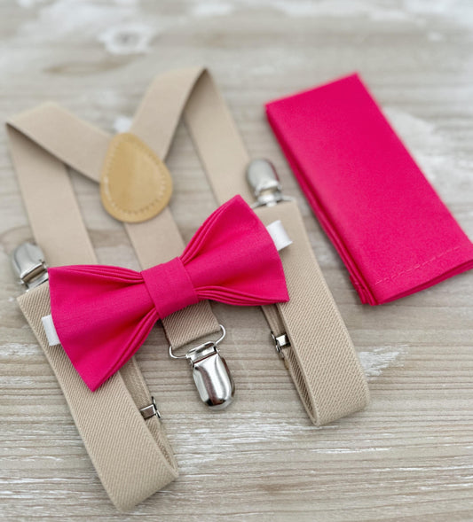 Fuchsia Bow tie & Suspenders | Champagne Tan Braces | Begonia Pink Bowtie | Pocket Square | Ring Bearer Outfit | Boho Rustic Wedding Set