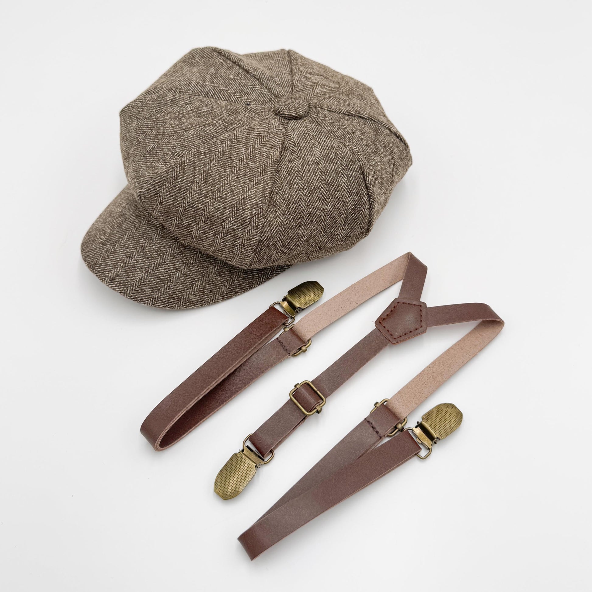 Tweed Newsboy Cap, Skinny Leather Suspenders, Best Man Gift, Ring Bearer Outfit, Cake Smash Outfit, Page Boy Cap, Wedding Set