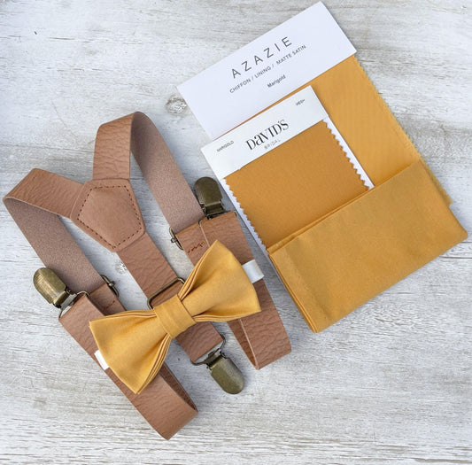 Marigold Bow Tie and Suspenders, Yellow Ring Bearer Outfit, Rustic Wedding, All Sizes Baby to Adult, Leather Braces, Groomsman Gift