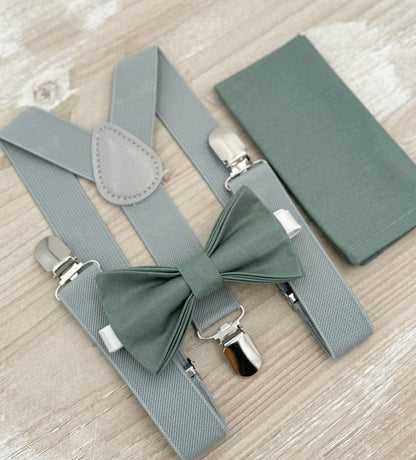 Eucalyptus Bow Tie & Suspenders – All Sizes for Men and Boys, Dusty Gray Suspenders, Pocket Square, Ring Bearer Gift, Rustic Wedding