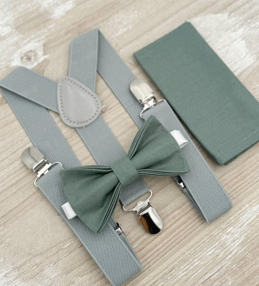 Eucalyptus Bow Tie & Suspenders – All Sizes for Men and Boys, Dusty Gray Suspenders, Pocket Square, Ring Bearer Gift, Rustic Wedding